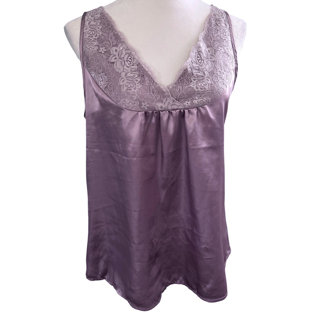 Chanteuse Y2k 90's Purple Satin Lace Trim Camisole Tank‎ Top V-neck Lavender S
